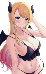 Rule 34 | 1girl, 9696k, absurdres, asymmetrical hair, bikini, black bikini, blue eyes, blush, breasts, cleavage, closed mouth, collarbone, commentary, cowboy shot, demon girl, demon horns, demon tail, demon wings, gradient hair, groin, hair ribbon, hand on own head, highres, hololive, horns, long hair, looking at viewer, medium breasts, multicolored hair, navel, pink hair, ribbon, sidelocks, simple background, smile, solo, standing, stomach, string bikini, swept bangs, swimsuit, tail, two-tone hair, virtual youtuber, white background, white ribbon, wings, yuzuki choco, yuzuki choco (hololive summer 2019)