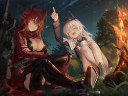 Rule 34 | 2girls, arm up, black footwear, black horns, boots, breasts, cleavage, closed eyes, closed mouth, crossed arms, crossed bangs, crossed legs, goddess of victory: nikke, grey footwear, horns, index finger raised, jacket, large breasts, long hair, long sleeves, looking at another, multiple girls, night, night sky, open mouth, outdoors, r o ha, red hair, red hood (nikke), red jacket, sidelocks, sitting, sky, smile, snow white (innocent days) (nikke), snow white (nikke), star (sky), starry sky, thigh boots, white hair, yellow eyes