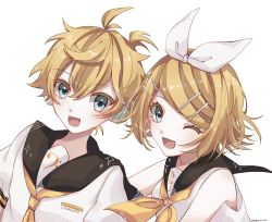 Rule 34 | 1boy, 1girl, :d, bare shoulders, bass clef, black collar, blonde hair, blue eyes, bow, collar, commentary, copyright name, hair bow, hair ornament, hairclip, headphones, highres, kagamine len, kagamine rin, kagamirror02, looking at viewer, neckerchief, necktie, one eye closed, open mouth, sailor collar, school uniform, shirt, short hair, short ponytail, short sleeves, sleeveless, sleeveless shirt, smile, spiked hair, swept bangs, treble clef, upper body, vocaloid, white background, white bow, white shirt, yellow neckerchief