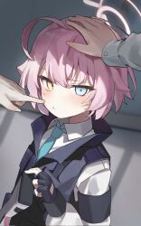 Rule 34 | 1girl, 1other, ahoge, beretta 1301, black gloves, blue archive, blue eyes, blue necktie, blue vest, blurry, blurry background, blush, bulletproof vest, cheek poking, closed mouth, commentary request, fingerless gloves, gloves, gun, halo, headpat, heterochromia, highres, holding, holding gun, holding weapon, hoshino (blue archive), hoshino (young) (blue archive), huge ahoge, liyom, long sleeves, necktie, pink hair, pink halo, poking, pov, pov hands, shirt, short hair, solo, sweat, upper body, vest, weapon, white shirt, yellow eyes