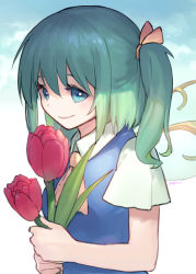 Rule 34 | 1girl, ainy, ascot, bad id, bad pixiv id, blue eyes, daiyousei, fairy wings, flower, green hair, hair ribbon, looking at viewer, ribbon, shirt, short sleeves, side ponytail, smile, solo, touhou, tulip, vest, wings