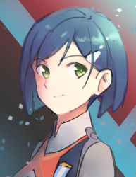 Rule 34 | 1girl, absurdres, black background, blue eyes, blue hair, bob cut, closed mouth, commentary, confetti, darling in the franxx, english commentary, green eyes, grey shirt, hair ornament, hairclip, highres, ichigo (darling in the franxx), light smile, looking back, naobhal, portrait, red background, shirt, short hair, solo, swept bangs, uniform, white background