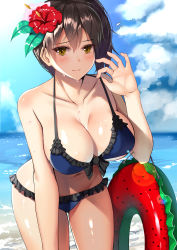 Rule 34 | 10s, 1girl, absurdres, bikini, black hair, blue bikini, blue sky, blush, bow, bow bikini, breasts, cleavage, closed mouth, cloud, day, flower, flying sweatdrops, frilled bikini, frills, hair flower, hair ornament, highres, innertube, kaga (kancolle), kantai collection, large breasts, leaning forward, looking at viewer, navel, ocean, outdoors, revision, sky, smile, solo, standing, suika (atelier-yuu), sweat, swim ring, swimsuit, wet, yellow eyes