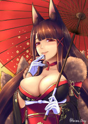 Rule 34 | 1girl, akagi (azur lane), akagi (plum and snow) (azur lane), animal ears, azur lane, blush, breasts, brown hair, cleavage, collarbone, fingers to mouth, floral print, fox ears, gloves, harimu ohagi, highres, holding, holding umbrella, japanese clothes, kimono, large breasts, long hair, long sleeves, looking at viewer, obi, oil-paper umbrella, parted lips, red eyes, sash, smile, solo, twitter username, umbrella, white gloves