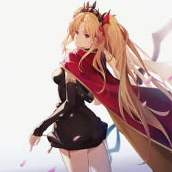 Rule 34 | 1girl, black dress, blonde hair, breasts, cape, detached sleeves, dress, earrings, ereshkigal (fate), fate/grand order, fate (series), from behind, gradient background, hair ribbon, jewelry, long sleeves, looking at viewer, looking back, medium breasts, parted bangs, petals, pink eyes, red cape, red ribbon, ribbon, sakanasoko, short dress, solo, thighs, tiara, twitter username, two side up, v-shaped eyebrows, white background