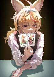 Rule 34 | 1girl, ahoge, alternate costume, animal ear fluff, animal ears, black vest, blonde hair, card, closed mouth, commentary request, fox ears, highres, holding, holding card, holding phone, hololive, long hair, long sleeves, looking at viewer, multicolored hair, omaru polka, phone, pink eyes, pink hair, playing card, sleeves rolled up, smile, solo, streaked hair, upper body, vest, virtual youtuber, yami ara