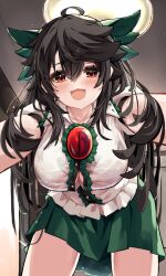 Rule 34 | 1girl, absurdres, black hair, bow, breasts, commentary request, green bow, green skirt, hair bow, highres, hira-san, leaning forward, long hair, looking at viewer, outstretched arms, red eyes, reiuji utsuho, shirt, short sleeves, skirt, solo, touhou, very long hair, white shirt