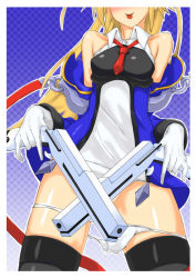 Rule 34 | 1girl, arc system works, blazblue, blonde hair, breasts, covering privates, covering crotch, dress, dual wielding, female focus, gradient background, gun, head out of frame, holding, kiyosi, naughty face, necktie, noel vermillion, panties, panty pull, small breasts, smile, solo, teasing, thighhighs, tongue, tongue out, underwear, uniform, weapon