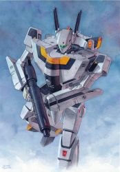 Rule 34 | assault visor, choujikuu yousai macross, commentary, english commentary, gun, gunpod, hector trunnec, highres, holding, holding gun, holding weapon, jolly roger, looking down, macross, mecha, no humans, painting (medium), robot, robotech, science fiction, solo, traditional media, variable fighter, vf-1, vf-1s, watercolor (medium), weapon