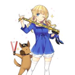 Rule 34 | 1girl, ;), amelie mcgregor, blonde hair, blue dress, blue eyes, blue footwear, braid, caution tape, contrapposto, dog, dress, french braid, hat, holding, holding shoes, keep out, long hair, looking at viewer, mmu, official art, one eye closed, police hat, shoes, shorts, smile, solo, sparkle, standing, thighhighs, transparent background, uchi no hime-sama ga ichiban kawaii, wavy hair, white thighhighs
