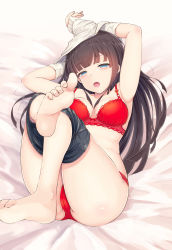 Rule 34 | 1girl, absurdres, armpits, arms up, barefoot, bed sheet, black hair, black pants, blue eyes, blunt bangs, blush, bra, breasts, brown hair, cameltoe, clothes lift, clothes pull, commentary request, crotch seam, feet, from above, frown, half-closed eyes, highres, lace, lace-trimmed bra, lace trim, legs, legs up, lifted by self, light blush, lips, long hair, long sleeves, looking at viewer, lying, medium breasts, on back, on bed, open mouth, original, panties, pants, pants pull, pulled by self, red bra, red panties, skindentation, soles, solo, sweater, sweater lift, temari rin, toes, underwear, undressing, white sweater
