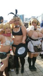 Rule 34 | 3girls, asian, blonde hair, breasts, brown eyes, cleavage, cosplay, fat, headphones, hoshima mika, huge breasts, jewelry, multiple girls, necklace, nitroplus, photo (medium), star (symbol), super pochaco, super pochaco (cosplay), twintails
