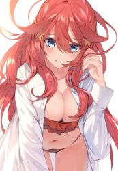 Rule 34 | 1girl, absurdres, ahoge, bikini, bikini under clothes, blue eyes, blush, breasts, cleavage, closed mouth, frown, go-toubun no hanayome, hair between eyes, hair ornament, hand up, head tilt, highres, large breasts, leaning forward, long hair, looking at viewer, nakano itsuki, navel, red bikini, red hair, shirt, sidelocks, simple background, solo, star (symbol), star hair ornament, swimsuit, to gemichi, white background, white shirt