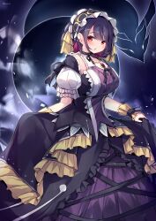 Rule 34 | 1girl, absurdres, black dress, black hair, breasts, dragon, dress, duel monster, eclipse, frilled dress, frills, gothic lolita, hairband, highres, holding, holding clothes, holding dress, kanzakietc, large breasts, lolita fashion, looking at viewer, medium hair, pleated dress, puffy short sleeves, puffy sleeves, red eyes, short sleeves, solo focus, underworld goddess of the closed world, yu-gi-oh!