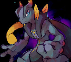 Rule 34 | black background, blue eyes, clenched hand, commentary, creatures (company), english commentary, frown, game freak, gen 1 pokemon, legendary pokemon, looking at viewer, mewtwo, nintendo, pokemon, pokemon (creature), pokken tournament, salanchu, shadow mewtwo, upper body