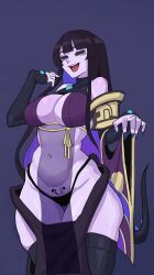Rule 34 | 1girl, absurdres, black hair, breasts, cleavage, highres, hyyun ho, large breasts, leggings, midriff, panties, red eyes, solo, tail, tongue, tongue out, underwear