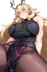 Rule 34 | 1girl, absurdres, arind yudha, bare arms, bare shoulders, barghest (fate), barghest (second ascension) (fate), blonde hair, blush, breasts, closed mouth, fate/grand order, fate (series), green eyes, heterochromia, highres, large breasts, long hair, looking at viewer, pantyhose, purple pantyhose, red eyes, simple background, sleeveless, solo, thighs, very long hair, white background