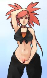 Rule 34 | 00s, 1girl, bad id, bad tumblr id, breasts, clothes pull, colored pubic hair, cowboy shot, creatures (company), female focus, female pubic hair, flannery (pokemon), front-tie top, game freak, gradient background, gym leader, hand in pants, large breasts, lips, long hair, midriff, narrow waist, navel, nintendo, no panties, nose, pants, pants pull, pokemon, pokemon rse, ponytail, pubic hair, pulling own clothes, red eyes, red hair, red pubic hair, scathegrapes, solo, sweat, toned