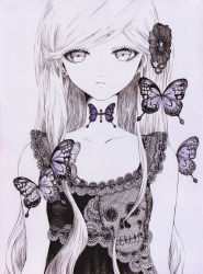 Rule 34 | 1girl, bug, butterfly, charmal, earrings, expressionless, grey eyes, grey hair, bug, jewelry, long hair, looking at viewer, monochrome, original, spot color, tattoo, traditional media, upper body