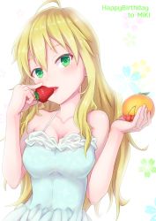 Rule 34 | 1girl, ahoge, blonde hair, blush, breasts, cherry, cleavage, eating, english text, food, fruit, green eyes, happy birthday, highres, hoshii miki, idolmaster, idolmaster (classic), long hair, looking at viewer, medium breasts, open mouth, orange (fruit), solo, soujin, spaghetti strap, strawberry, upper body