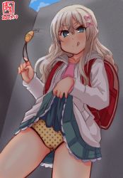 Rule 34 | 1girl, alternate costume, artist logo, backpack, bag, blonde hair, blue eyes, casual, clothes lift, commentary request, cowboy shot, crime prevention buzzer, dated, gluteal fold, grecale (kancolle), green skirt, highres, hood, hooded jacket, hoodie, jacket, kanon (kurogane knights), kantai collection, lifting own clothes, long hair, looking at viewer, panties, polka dot, polka dot panties, randoseru, revision, skirt, skirt lift, solo, standing, tongue, tongue out, underwear, wavy hair, white jacket, yellow panties