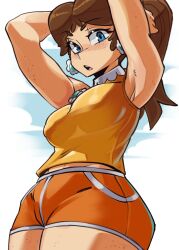 Rule 34 | 1girl, alternate hairstyle, armpits, arms behind head, blue eyes, breasts, brooch, brown hair, covered erect nipples, earrings, flower earrings, freckles, jewelry, large breasts, looking at viewer, mario (series), mario golf, mario tennis, moxydraws, nintendo, orange shorts, ponytail, princess daisy, short shorts, shorts, tank top, tomboy, yellow tank top
