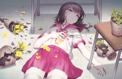Rule 34 | 1girl, black hair, broken, closed mouth, expressionless, flower, hand on own stomach, holding, holding scissors, lying, on back, original, petals, pink eyes, pink skirt, plant, pleated skirt, potted plant, saban, school uniform, scissors, serafuku, skirt, solo, thighhighs, tile floor, tiles, white thighhighs, yellow flower