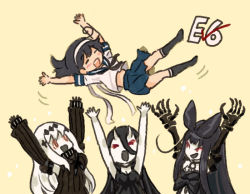 Rule 34 | 4girls, abyssal ship, ahoge, aircraft carrier water oni, arms up, battleship princess, black hair, bow, choker, claws, comic, detached sleeves, dress, closed eyes, hachimaki, hair between eyes, hair bow, hair ornament, headband, horns, kantai collection, long hair, long sleeves, midriff, multiple girls, open mouth, pleated skirt, red eyes, remodel (kantai collection), saiguchi otoufu, school uniform, seaplane tender princess, serafuku, skirt, sleeveless, sleeveless dress, smile, ushio (kancolle), white hair, yellow background