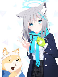 Rule 34 | 1girl, animal, animal ear fluff, animal ears, aoi thomas, blue archive, blue eyes, blue jacket, blue necktie, blue scarf, clothed animal, commentary request, dog, earrings, fringe trim, gloves, green gloves, grey hair, grey skirt, hair between eyes, hair ornament, halo, hands up, highres, jacket, jewelry, master shiba (blue archive), necktie, open clothes, open jacket, pipe in mouth, plaid, plaid skirt, pleated skirt, scarf, school uniform, shiroko (blue archive), shirt, skirt, smoking pipe, stud earrings, w, white background, white shirt