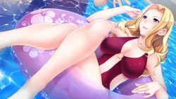 Rule 34 | 1girl, :d, blonde hair, blue eyes, blush, breasts, casual one-piece swimsuit, cleavage, collarbone, crossed legs, dutch angle, floral print, game cg, hair intakes, halterneck, hibiscus print, hitozuma swimming club, innertube, ino (magloid), jewelry, kayashima aki, large breasts, long hair, official art, one-piece swimsuit, open mouth, pool, red one-piece swimsuit, ring, smile, solo focus, swim ring, swimsuit, very long hair, wedding ring