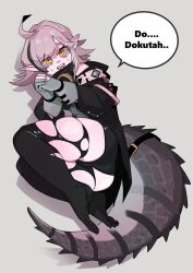 Rule 34 | 1girl, ahoge, arknights, ass, bbizim03, black shorts, black thighhighs, crocodilian tail, crying, crying with eyes open, english text, gloves, goggles, goggles around neck, grey background, grey gloves, grey hair, highres, large tail, looking at viewer, lying, multicolored hair, on side, orange eyes, own hands together, partially fingerless gloves, pointy ears, shorts, simple background, solo, speech bubble, streaked hair, tail, tail strap, tears, thighhighs, tomimi (arknights), torn clothes, torn thighhighs