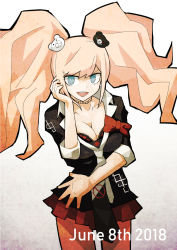Rule 34 | 1girl, bear hair ornament, black shirt, blonde hair, blue eyes, bra, breasts, cleavage, collarbone, commentary request, danganronpa: trigger happy havoc, danganronpa (series), dated, dot nose, enoshima junko, hair ornament, hand on own hip, hand on own face, jewelry, long hair, looking at viewer, miniskirt, multicolored neckwear, necklace, necktie, red bra, red ribbon, red skirt, ribbon, ryuukotsu, school uniform, serafuku, shirt, skirt, sleeves rolled up, solo, spoilers, twintails, underwear