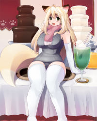 Rule 34 | 1girl, ahoge, animal ears, blonde hair, blush, breasts, cherry, curvy, elbow gloves, fang, food, fox ears, fox tail, fruit, fuyu, gloves, green eyes, large breasts, long hair, open mouth, original, paw print, plump, scarf, solo, tail, thighhighs