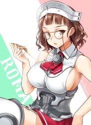 Rule 34 | 10s, 1girl, ascot, blunt bangs, breasts, brown eyes, brown hair, capelet, character name, eating, eyewear strap, female focus, food, garter straps, glasses, headdress, italian flag, italy, kantai collection, large breasts, looking at viewer, okitakung, pince-nez, pizza, roma (kancolle), shirt, short hair, sideboob, sleeveless, sleeveless shirt, solo, thighhighs, wavy hair