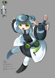 Rule 34 | 1girl, ben 10, black dress, black hair, black pantyhose, blue gloves, blue hair, character request, chinese commentary, coat, dress, fingerless gloves, flat chest, full body, gloves, green eyes, grey background, highres, horizontal pupils, lab coat, looking at viewer, multicolored hair, open mouth, pantyhose, pocket, sharp teeth, short hair, simple background, solo, teeth, twitter username, two-tone hair, two-tone legwear, two-tone pantyhose, white coat, white pantyhose, youzaiyouzai112