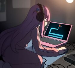 Rule 34 | 1girl, akg k-series headphones, bocchi the rock!, commentary, computer, cube hair ornament, english commentary, gotoh hitori, hair between eyes, hair ornament, headphones, highres, hinghoi, jacket, laptop, long hair, long sleeves, looking at screen, meme, mouse (computer), one side up, pants, pink hair, pink jacket, pink pants, scary maze game, jumpscare, sidelocks, sitting, smile, solo