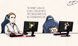 Rule 34 | 1boy, 1girl, :3, animal ears, antenna hair, awlowl, blonde hair, blue eyes, brown gloves, brown hair, cat ears, cat girl, chair, drive (movie), driver (drive), gaming chair, gloves, goslingposting (meme), highres, jacket, keyboard (computer), monitor, mouse (computer), neco-arc, open mouth, red eyes, short hair, sitting, slit pupils, swivel chair, tsukihime, very short hair, white jacket