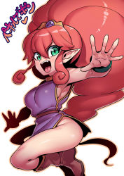 Rule 34 | 1girl, armpits, arms up, bangle, bare arms, bare shoulders, belt, boots, bracelet, breasts, china dress, chinese clothes, dress, fairy, fangs, feet out of frame, fiery hair, fingernails, gem, gold necklace, green bracelet, green eyes, hair between eyes, hand up, highres, jewelry, knee boots, long hair, looking at viewer, medium breasts, necklace, nintendo, no panties, open hand, open mouth, palms, panel de pon, pointy ears, purple dress, red footwear, red hair, shiny skin, short dress, side slit, sideboob, sidelocks, simple background, sleeveless, sleeveless dress, solo, spread fingers, thighs, tiara, tukiwani, very long hair, white background