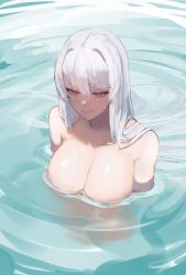 Rule 34 | 1girl, arknights, bathing, breasts, cleavage, closed mouth, collarbone, completely nude, gnai, half-closed eyes, highres, large breasts, long hair, nude, partially submerged, red eyes, smile, solo, specter (arknights), upper body, very long hair, water, white hair