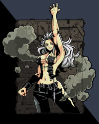 Rule 34 | 1girl, arm up, armlet, armpits, breasts, cleavage, clenched hand, contrapposto, dorohedoro, k kumahachi, large breasts, looking at viewer, midriff, muscular, muscular female, navel, no bra, no panties, noi (dorohedoro), smoke, solo, standing, stomach, torn clothes, vest, white hair