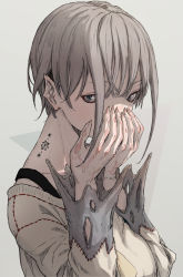 Rule 34 | 1girl, blue eyes, body markings, breasts, covered mouth, fingernails, from side, grey background, grey hair, hands over own mouth, hands up, highres, large hands, long sleeves, looking at viewer, looking to the side, original, pointy ears, rokkaizan meibi, sharp fingernails, short hair, short hair with long locks, sideways glance, solo, stitches, symbol-shaped pupils, triangle, upper body, yukima (yushika)