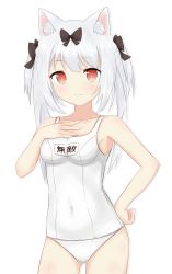 Rule 34 | 1girl, :3, absurdres, animal ear fluff, animal ears, azur lane, bare legs, bare shoulders, blush, bow, breasts, brown bow, cat ears, closed mouth, collarbone, commentary, covered navel, cowboy shot, gluteal fold, hair bow, hand on own hip, hand on own chest, hand up, highres, long hair, looking at viewer, name tag, old school swimsuit, one-piece swimsuit, red eyes, school swimsuit, silver hair, simple background, small breasts, smile, solo, swimsuit, symbol-only commentary, white background, white school swimsuit, white one-piece swimsuit, yukikaze (azur lane), yuujoduelist