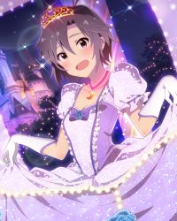 Rule 34 | 1girl, antenna hair, artist request, black hair, blue flower, blue rose, blush, bow, breasts, castle, choker, cleavage, collarbone, dress, elbow gloves, flower, frills, gloves, gown, idolmaster, idolmaster (classic), idolmaster million live!, idolmaster million live! theater days, jewelry, kikuchi makoto, looking at viewer, night, night sky, official art, open mouth, pink eyes, princess, puffy short sleeves, puffy sleeves, raised eyebrows, rose, short hair, short sleeves, skirt hold, sky, small breasts, smile, solo, tiara