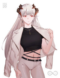 Rule 34 | 1girl, absurdres, arknights, black shirt, character name, coat, commentary, cowboy shot, crop top, earrings, groin, hand up, highres, horns, jacket, jacket on shoulders, jane xiao, jewelry, long hair, long sleeves, midriff, navel, pants, red eyes, rhine lab logo, saria (arknights), shirt, short sleeves, silver hair, simple background, solo, standing, stomach, thighs, very long hair, white background, white coat, white pants