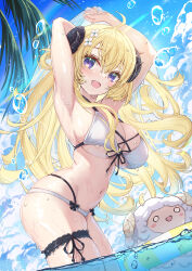 Rule 34 | 1girl, absurdres, ahoge, armpits, arms up, bikini, blonde hair, blush, breasts, cleavage, commentary request, day, floating hair, flower, hair flower, hair ornament, highres, holding, hololive, horns, juu p, large breasts, long hair, looking at viewer, navel, open mouth, outdoors, purple eyes, sheep, sheep girl, sheep horns, smile, solo, stomach, swimsuit, tsunomaki watame, virtual youtuber, wading, watamate, water, white bikini