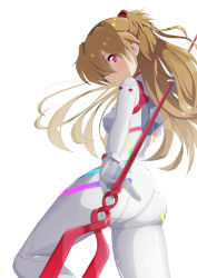 Rule 34 | 1girl, absurdres, artist request, ass, bodysuit, breasts, covered navel, evangelion: 3.0+1.0 thrice upon a time, hair ornament, highres, holding, holding weapon, lance of longinus (evangelion), long hair, looking at viewer, looking back, medium breasts, neon genesis evangelion, one eye covered, orange hair, plugsuit, polearm, rebuild of evangelion, red eyes, shiny clothes, simple background, solo, souryuu asuka langley, two side up, weapon, white background, white bodysuit