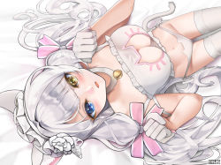 Rule 34 | 1girl, absurdres, animal ears, artist name, bell, blue eyes, blush, breasts, cat ear panties, cat ears, cat girl, cat lingerie, cat tail, cleavage, cleavage cutout, clothing cutout, collar, eh-526, gloves, hair ribbon, hairband, highres, last origin, lolita hairband, looking at viewer, meme attire, neck bell, panties, paw pose, perrault (last origin), ribbon, silver hair, solo, tail, underwear, white gloves, yellow eyes
