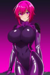 Rule 34 | 1girl, absurdres, batta 16-sei, blush, bodysuit, breasts, cleavage, corruption, dark persona, highres, hypnosis, impossible bodysuit, impossible clothes, large breasts, looking at viewer, mind control, multicolored bodysuit, multicolored clothes, original, pilot suit, skin tight, solo, two-tone bodysuit