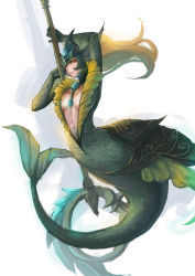 Rule 34 | 1girl, blonde hair, breasts, fins, fish tail, full body, helmet, highres, large breasts, league of legends, long hair, mermaid, monster girl, nami (league of legends), panties, polearm, sky of morika, smile, solo, tail, underwear, weapon, yellow eyes