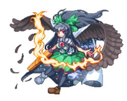 Rule 34 | 1girl, arm cannon, bad id, bad pixiv id, bird wings, black hair, bow, breasts, cape, feathers, female focus, full body, hair bow, kou 2008, long hair, lowres, pixel art, red eyes, reiuji utsuho, short sleeves, solo, third eye, touhou, transparent background, very long hair, weapon, wings